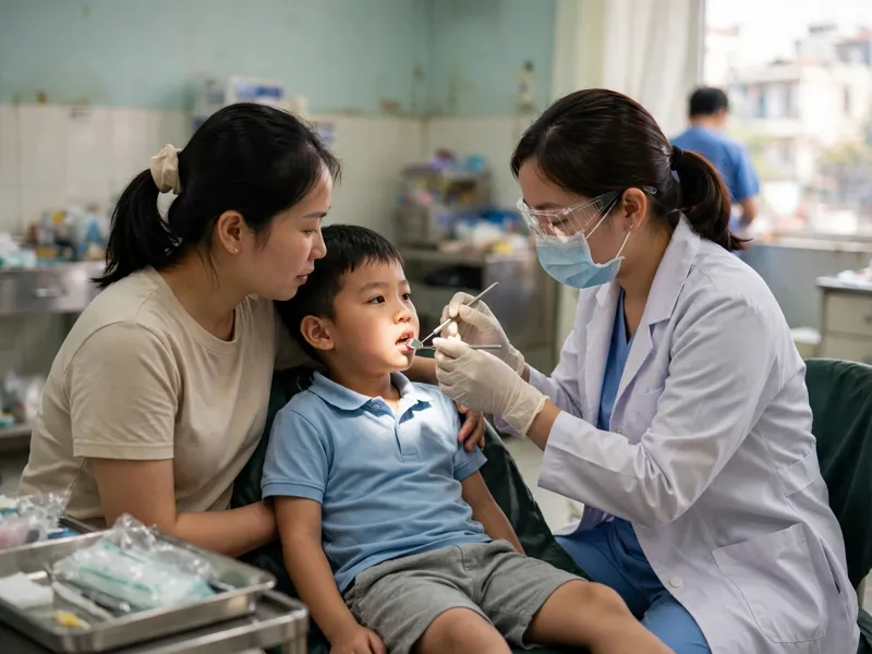 Ảnh minh họa: Bác sĩ Khoa Răng Hàm Mặt khám cho trẻ trong chương trình Nụ cười trẻ thơ 2025